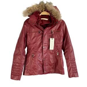 Yadanluwa Y2K Hooded Faux Leather Jacket Women S Maroon Faux Fur Edgy Moto NWT